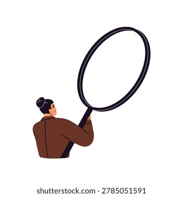 Employee holds magnifier back view. Office worker looks for with magnifying glass. analyst searches for with loupe. Concept of research, analysis and audit. Flat isolated vector illustration on white