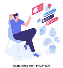 Employee at home office. Relaxed man working with data, consulting clients, doing tasks. Businessman or freelancer. Convenient workplace concept. Vector character illustration in isometry view