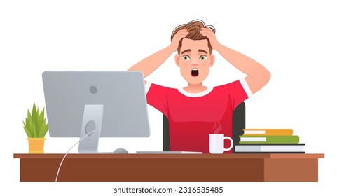 Employee in horror and panic at the computer. Deadline. Man working at a computer. Young businessman at his desk. Guy can't do his job. Vector cartoon illustration isolated on white background.