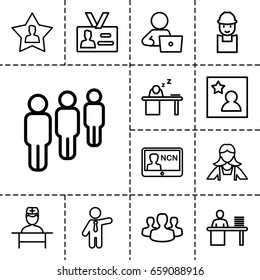 Employee icon. set of 13 outline employeeicons such as maid, businessman, man with laptop, worker, doctor, badge, man working at the table, man sleeping on table