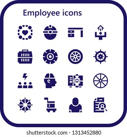 employee icon set. 16 filled employee icons.  Simple modern icons about  - Group, Worker, Desk, Motivation, Carrier, Wheel, Human, Steering wheel, Salesman, Curriculum