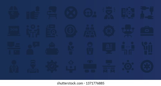 employee icon set. 32 filled employee icons. on blue background style Simple modern icons about  - Human, Job search, Desk, Businessman, Interview, Meeting, Salesman, Clerk, Desk chair