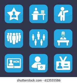 Employee icon. set of 9 filled employee icons such as businessman, man with laptop, doctor, badge, man working at the table, favourite user