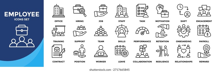 Colección de conjunto de iconos de empleado: un paquete de iconos contiene industria, trabajador, personal, equipo, trabajo, contratación, oficina, tarea, turno, nómina, Asistencia, capacitación, rendimiento, contrato, compromiso