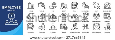 Employee icon set collection. an icon pack contain industry, worker, staff, team, job, hiring, office, task, shift, payroll, support, training, performance, contract, engagement