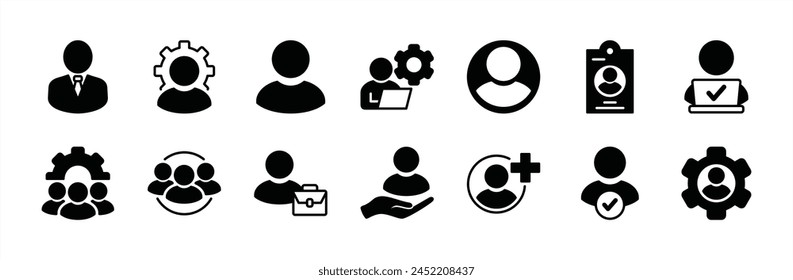 Employee icon set. Containing people, user, Id card, working, group, recruitment, organization management, team, human resource, leader, agent, partnership, job, community, staff. Vector illustration