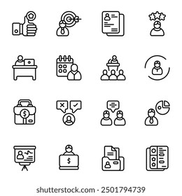 Employee icon set. Includes analytics, conference, meeting, resume, suitcase, worker, target, and More. Outline icons vector collection.
