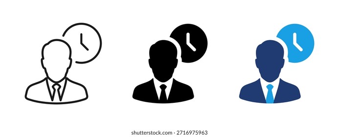 Employee icon showing office worker with clock. Business staff symbol representing working time, job schedule, corporate employee, HR, personnel and professional office work concept.
