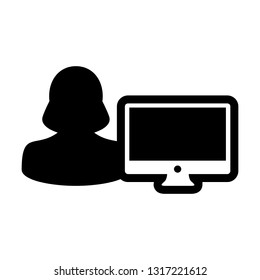 Employee icon vector female person user with computer monitor screen avatar in flat color in Glyph Pictogram Symbol illustration