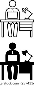 Employee Icons. Black and White Vector Icons. Man Working on Laptop. Desk and Lamp. Office Concept