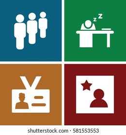 employee icons set. Set of 4 employee filled icons such as badge, man sleeping on table, favorite photo
