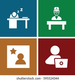employee icons set. Set of 4 employee filled icons such as man with laptop, doctor, man sleeping on table
