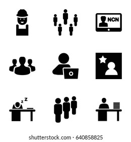 Employee icons set. set of 9 employee filled icons such as man with laptop, worker, man working at the table, man sleeping on table, favorite photo, user group, badge