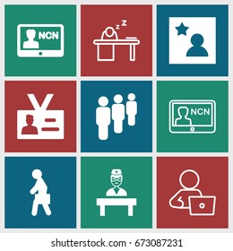 Employee icons set. set of 9 employee filled and outline icons such as doctor, badge, man with case, favorite photo, group, man with laptop