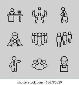 Employee icons set. set of 9 employee outline icons such as maid, businessman, worker, man working at the table, man with case, user group