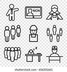 Employee icons set. set of 9 employee outline icons such as maid, businessman, worker, doctor, man sleeping on table, badge