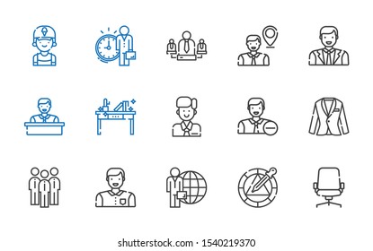 employee icons set. Collection of employee with desk chair, wheel, candidate, man, group, suit, desk, team, clerk. Editable and scalable employee icons.