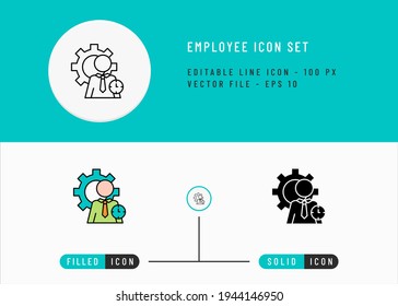 Iconos de empleado establecen la ilustración del vector de trazo editable. Símbolo de habilidad comercial laboral. Estilo de línea de iconos en un fondo aislado para la aplicación móvil, el diseño web y la presentación.