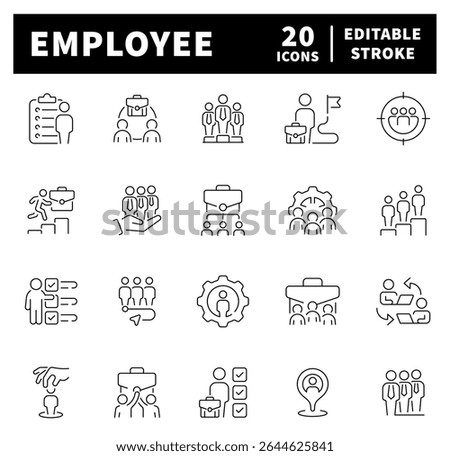 Employee icons set. Employee thin line icon collection. Work, job, coworker, business, teamwork, employee related icons. Editable stroke vector icons