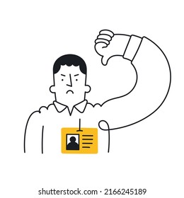 Employee With Id Badge Showing Thumbs Down Sign. Outline, Linear, Thin Line, Doodle Art. Simple Style With Editable Stroke.