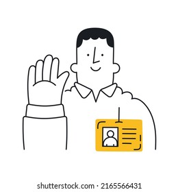 Employee with id badge waving hand gesture to say hello. Outline, linear, thin line, doodle art. Simple style with editable stroke.