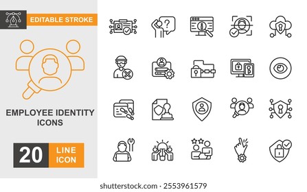 Employee identity line editable icon set. Id card, badge, fingerprint, person, client, security and more line icons.
