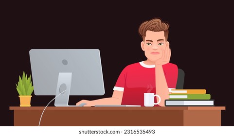 Employee is idle at work. Man working at a computer. Young businessman at his desk. Guy is tired at work, reflects. Vector cartoon illustration on a dark background.