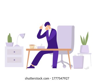 Employee illness in office illustration. Character with thermometer and runny nose is trying to work in his office an attempt to turn deadline when he feels unwell modern vector business days.
