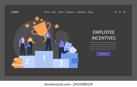 Employee Incentives concept. Professionals standing on podium, earning rewards and financial bonuses for exceptional performance. Celebrating achievements. Flat vector illustration.