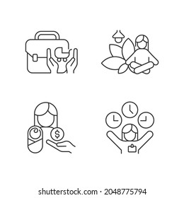 Employee incentives linear icons set. Child care assistance. Meditative space at work. Flexible hours. Customizable thin line contour symbols. Isolated vector outline illustrations. Editable stroke