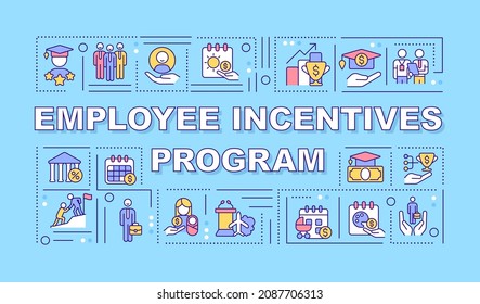 Employee incentives program word concepts banner. Infographics with linear icons on turquoise background. Isolated typography. Vector outline color illustration with text. Arial-Black font used