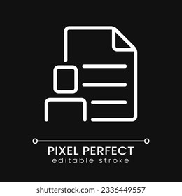 Employee information pixel perfect white linear icon for dark theme. Personal profile. Worker data safety. Thin line illustration. Isolated symbol for night mode. Editable stroke. Poppins font used