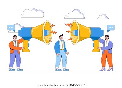 Employee input, getting to colleague opinion or idea, choose to believe in truth, fact, or liar team member concepts. Businessman manager or boss listening to employees shouting with big megaphone.