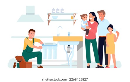 Employee is installing water filter in house for family. Aqua purification. Plumber repairs sewage in kitchen. Cleaning equipment. Happy parents and kids. Liquid