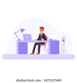 An employee in a jacket with cup of tea or coffee. Flat vector office workplace illustration concept.