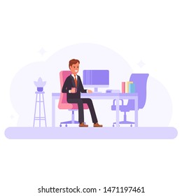 An employee in a jacket with cup of tea or coffee. Flat vector office workplace illustration concept.