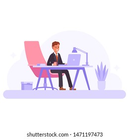 An employee in a jacket with cup of tea or coffee. Flat vector office workplace illustration concept.