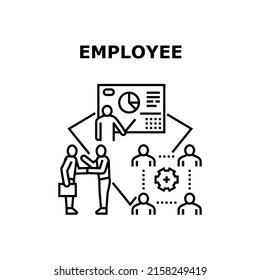 Concepto de icono del vector de trabajo del empleado. Empleo De Empleados Para Presentar Informes Financieros O Análisis Del Mercado Comercial, Comunicación De Empresarios Con Socio En La Conferencia Y Reunión De La Ilustración Negra