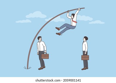 Employee jump using pole vault overcome rivals to reach goal. Man worker succeed from competitors, purpose or aim accomplishment achievement. Success, leadership concept. Vector illustration. 