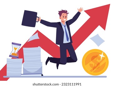 The employee is jumping for joy that he got a promotion. Satisfied man in a suit with a folder on the background of the growth arrow, documents and money. Vector illustration on white background