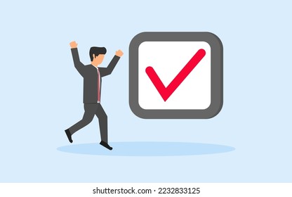 AN EMPLOYEE JUMPS FOR JOY BECAUSE IT HAS COMPLETED HIS TASK. VECTOR ILLUSTRATION OF JOB DONE, REACHING GOALS, APPROVAL PROJECT. CONCEPT OF COMPLETED TASK. 