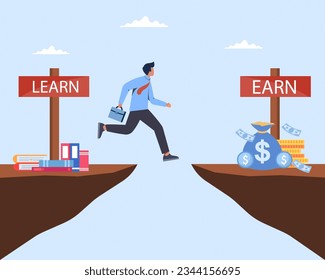 Employee jumps over learning to earning Education and earnings concept