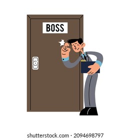 Employee knocking on a boss door flat vector illustration