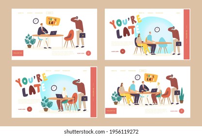 Employee Late at Work Landing Page Template Set. Company Director Scolding Unpunctual Manager Character for Being too Late at Meeting on Time Pointing on Wristwatch. Cartoon People Vector Illustration