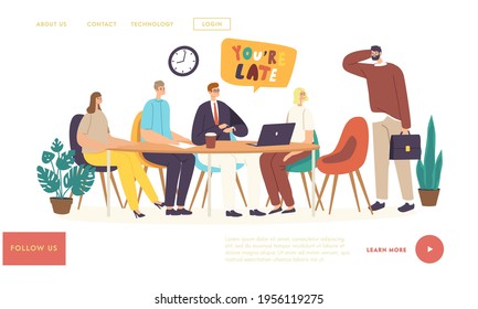 Employee Late at Work Landing Page Template. Company Director Scolding Unpunctual Manager Character for Being too Late at Meeting on Time Pointing on Wristwatch. Cartoon People Vector Illustration