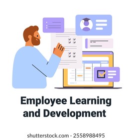 Employee learning and development concept illustrated with a person interacting with digital training tools charts and checklists on a laptop screen