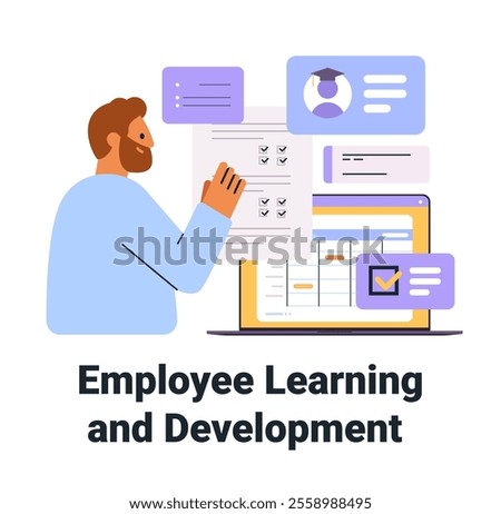 Employee learning and development concept illustrated with a person interacting with digital training tools charts and checklists on a laptop screen