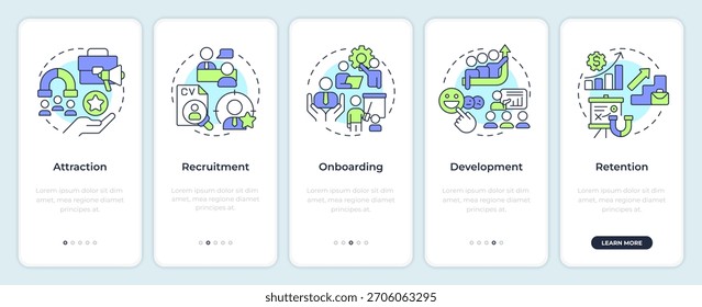 Ciclo de vida de los empleados incorporando la pantalla del App móvil. Carrera Corporativa. Instrucciones gráficas editables de 5 pasos con conceptos lineales. UI, UX, GUI