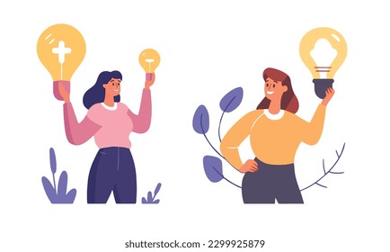 Employee with lightbulb. Business idea. Woman finding answer or solution. Light bulb concept. Creative happy manager and innovation. Flat vector illustration isolated on white background.