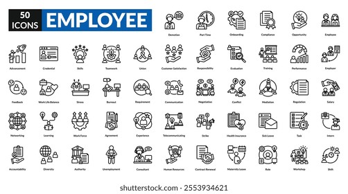 Employee line icon collection set. Includes team, staff, worker, personnel, colleague, manager, intern, supervisor, leader, recruiter, professional, assistant, administrator, associate, consultant